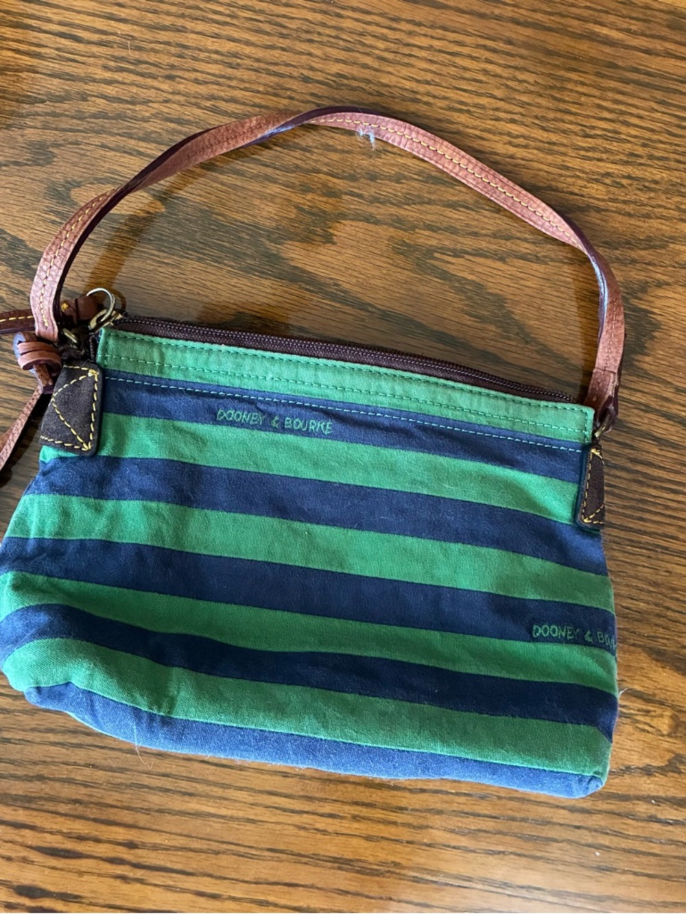 Vintage Dooney & Bourke Green & Navy Striped Canvas Mini Shoulder Bag